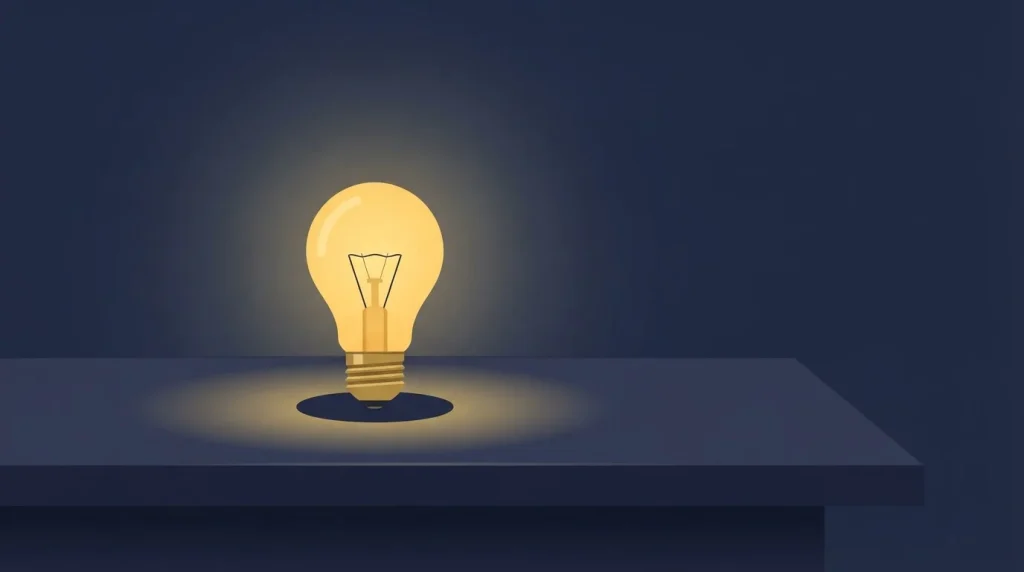 Leuchtende Glühlampe über einer dunklen Tischfläche