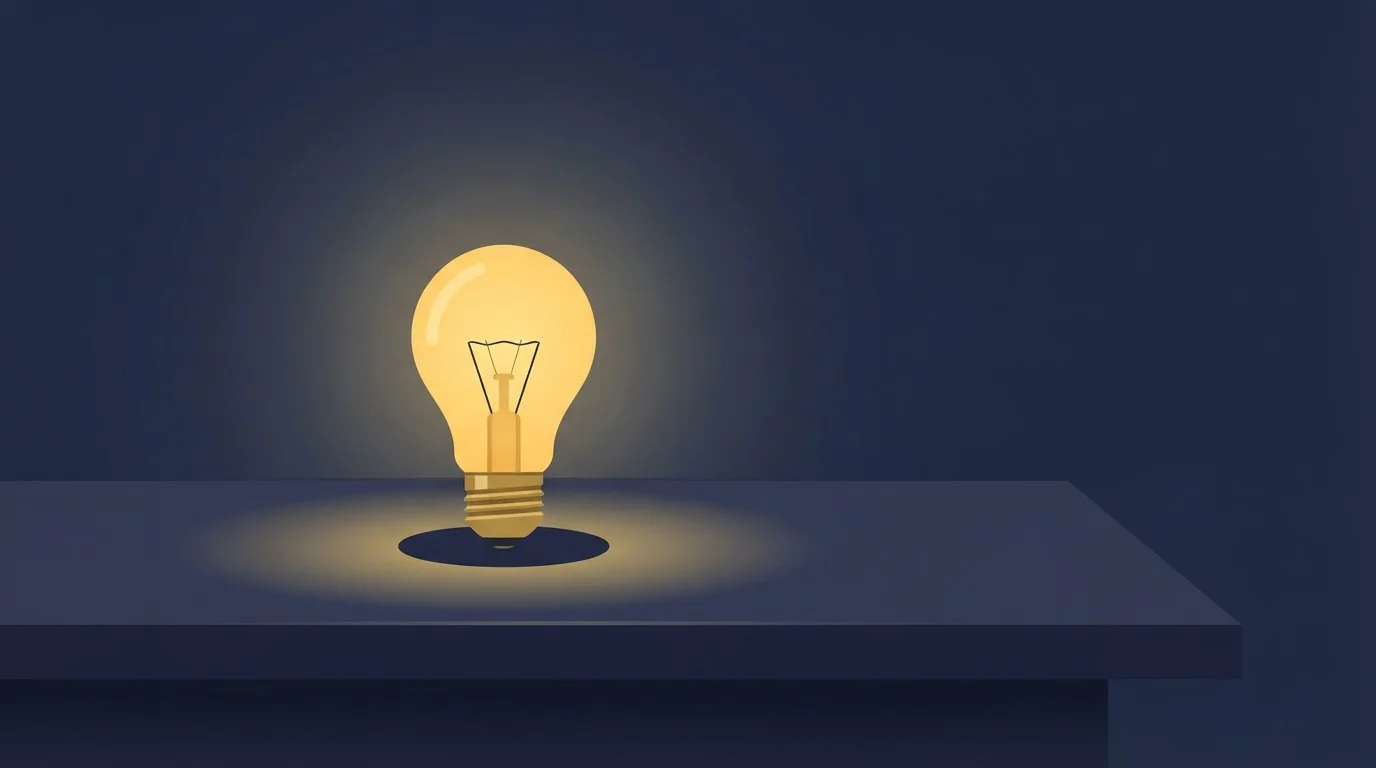 Leuchtende Glühlampe über einer dunklen Tischfläche