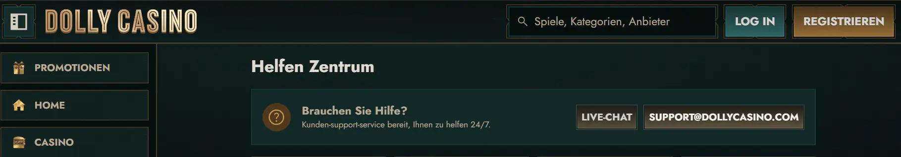 Kontaktbereich von Dollycasino mit Angaben zum Kundendienst und erreichbaren Kontaktkanälen