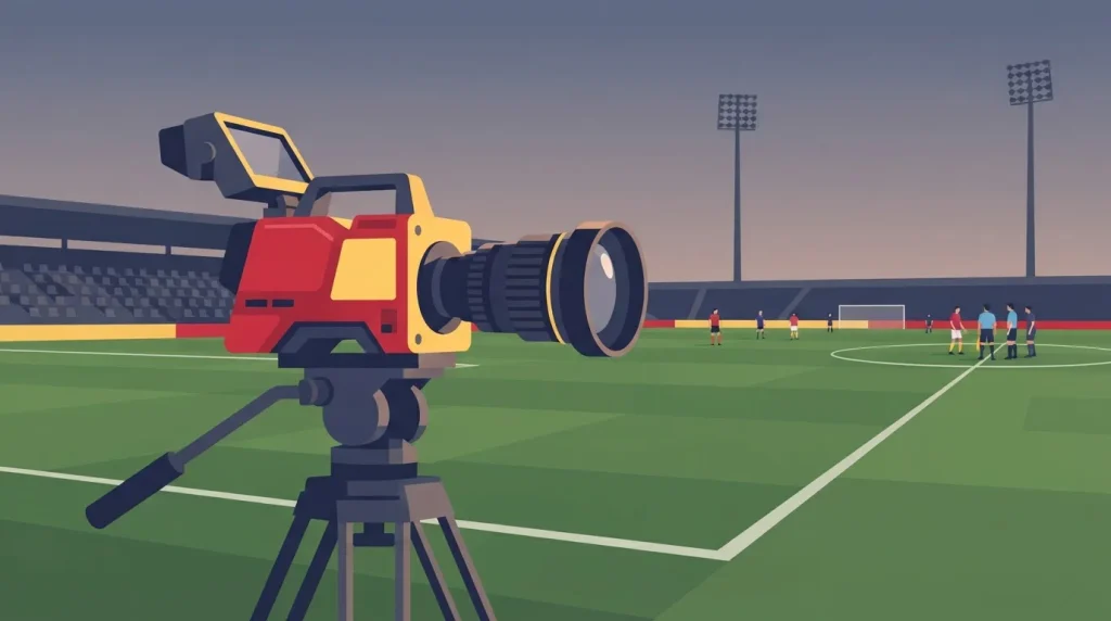 Fernsehkamera auf einem Stativ neben der Seitenlinie eines abendlichen Fußballplatzes