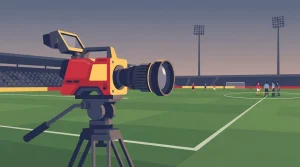 Fernsehkamera auf einem Stativ neben der Seitenlinie eines abendlichen Fußballplatzes