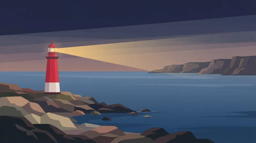 Leuchtturm auf einer felsigen Küste mit einem Lichtstrahl über ruhigem Wasser
