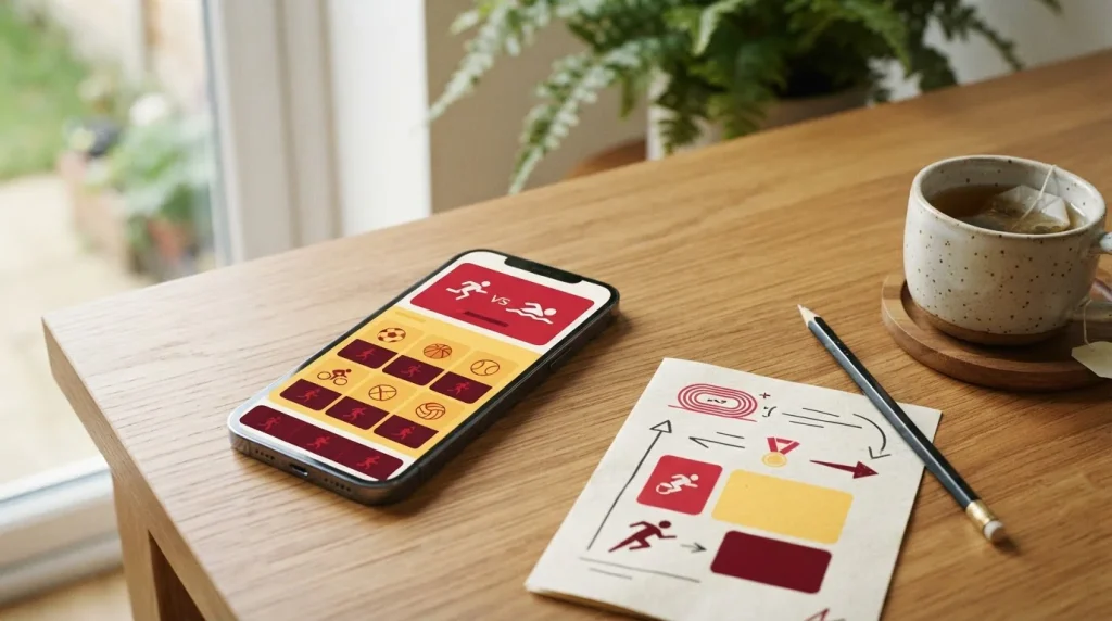 Smartphone auf einem Schreibtisch neben Papier mit eingezeichneten Sportkategorien