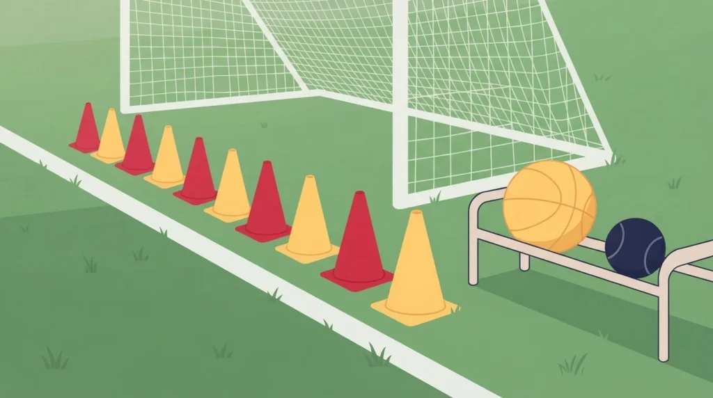 Trainingshütchen neben einem Fußballtor mit Basketball und Tennisball