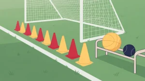 Trainingshütchen neben einem Fußballtor mit Basketball und Tennisball